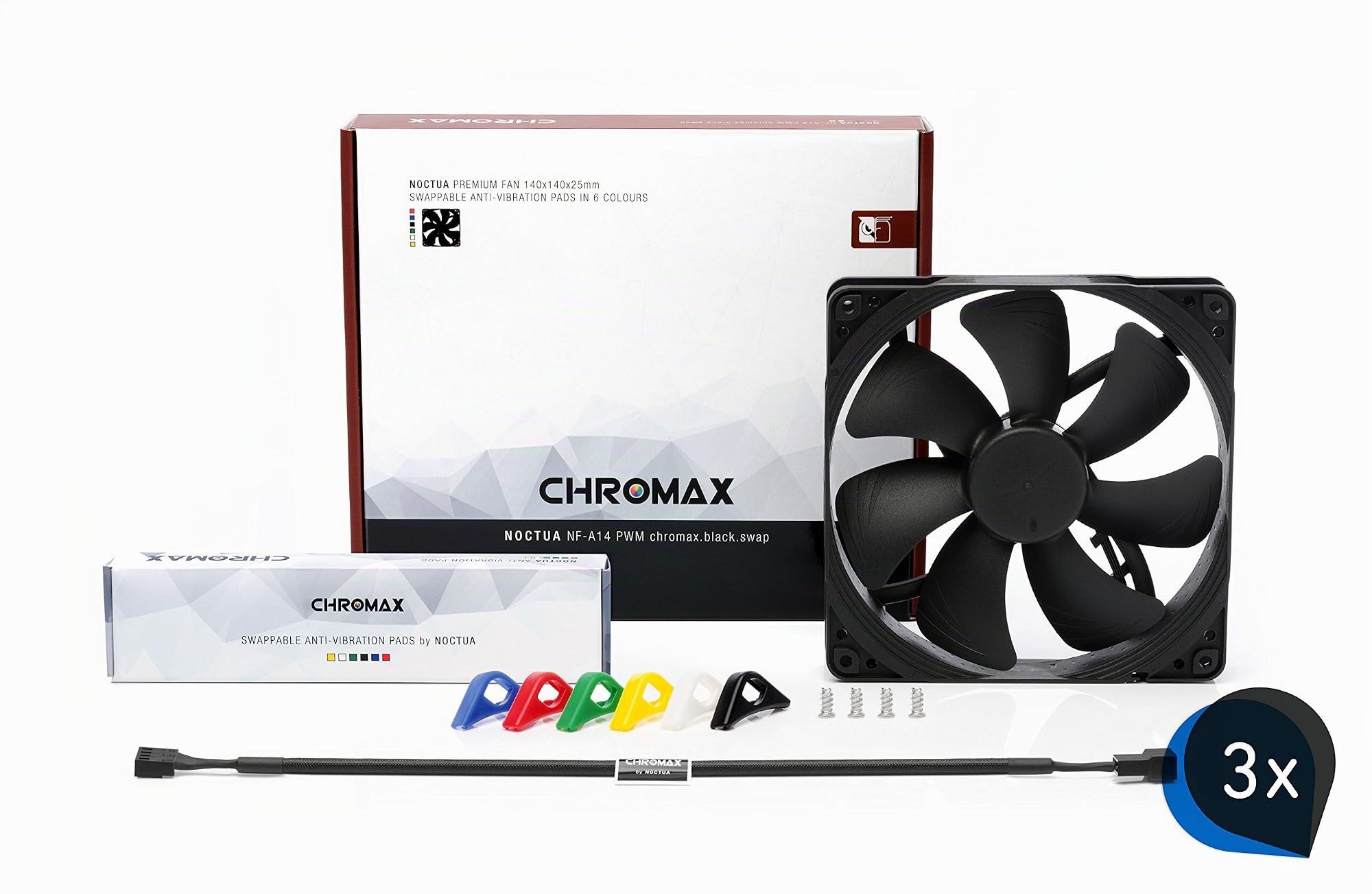 Noctua Bundle: 3x NF-A14 PWM chromax.black.swap, Ventola Silenziosa di Qualità Premium, 4-Pin (140 mm, Nero)
