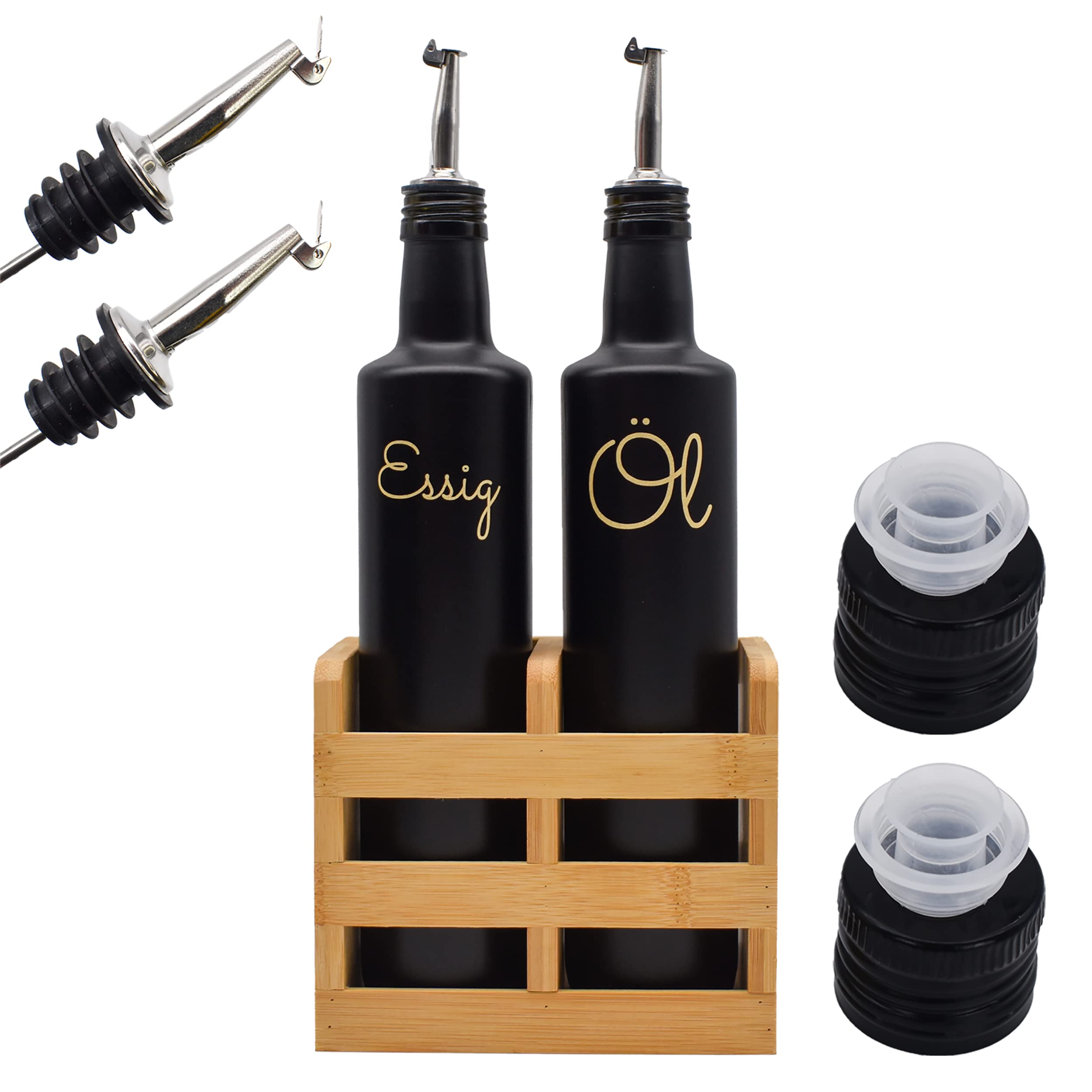 Essig Öl Flaschen Set - 500 ml Flaschen in schwarz - 2 Edelstahl Ausgießer - Bambus-Behälter