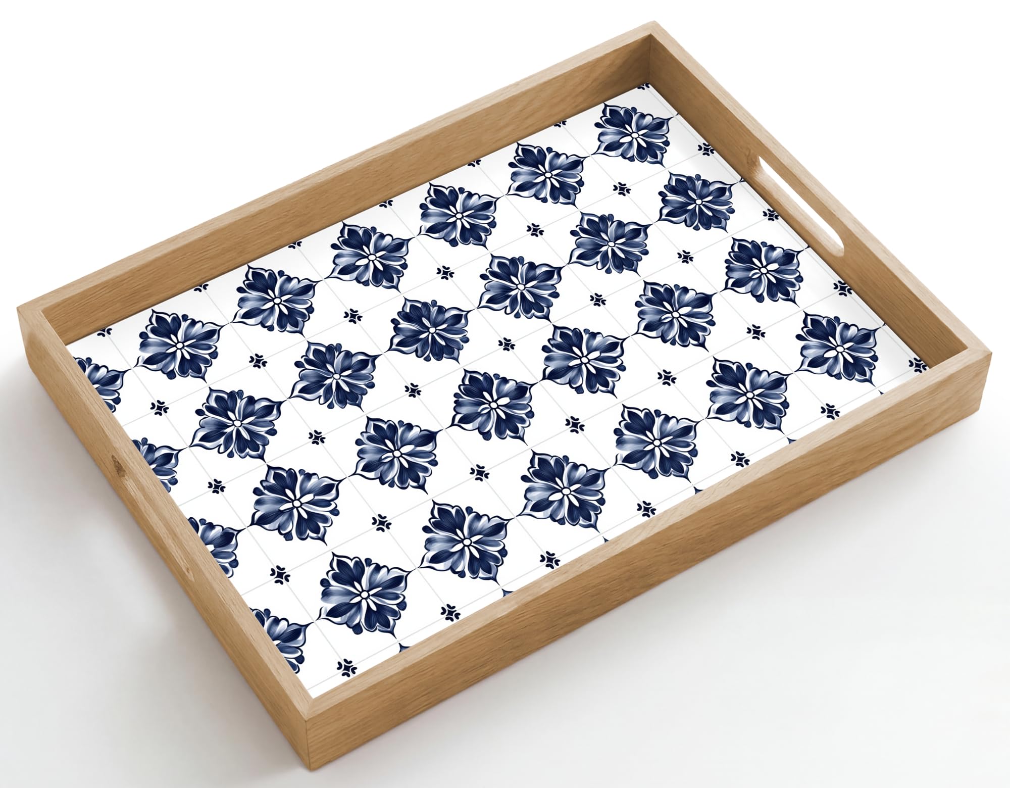 Serviertablett Rechteckig 50x35 cm Servierplatte Eiche Holz Tablett Mit Henkel Tray Kratzfest Kaffeetablett Tabletts Teetablett Kachelmotiv - Blau - Weiß - Blume