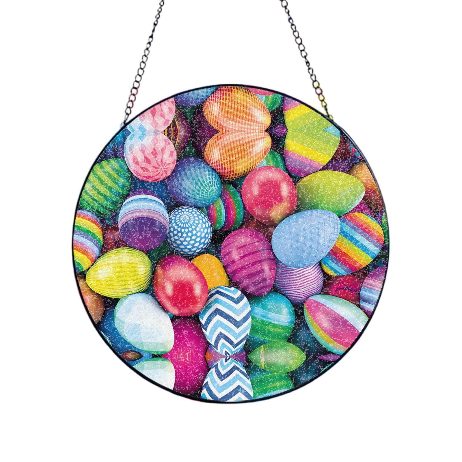 Phayah Easter Eggs Print Glass Window Hanging Round Suncatcher Glass Ornament Garden Wall Fence Decorations Indoor Outdoor 12in（30cm）