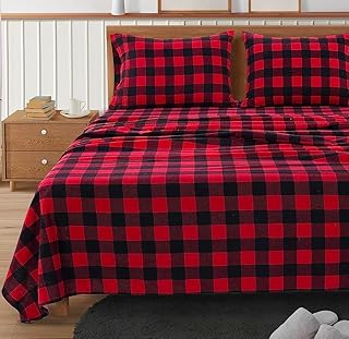 Close-up of cozy red plaid flannel Christmas duvet cover texture