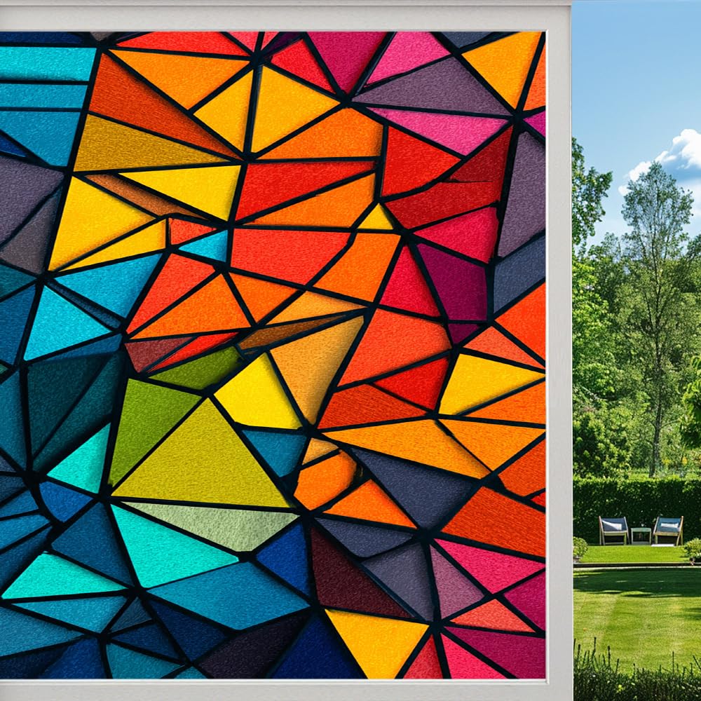 Pmlbaous Colorful Color Blocks Stained Glass Window Film, Geometric Abstract Texture Peel And Stick Privacy Film, Frosted Adhesive Vinyl Decorative For Bathroom Windows Glass Doors, （80X140cm）