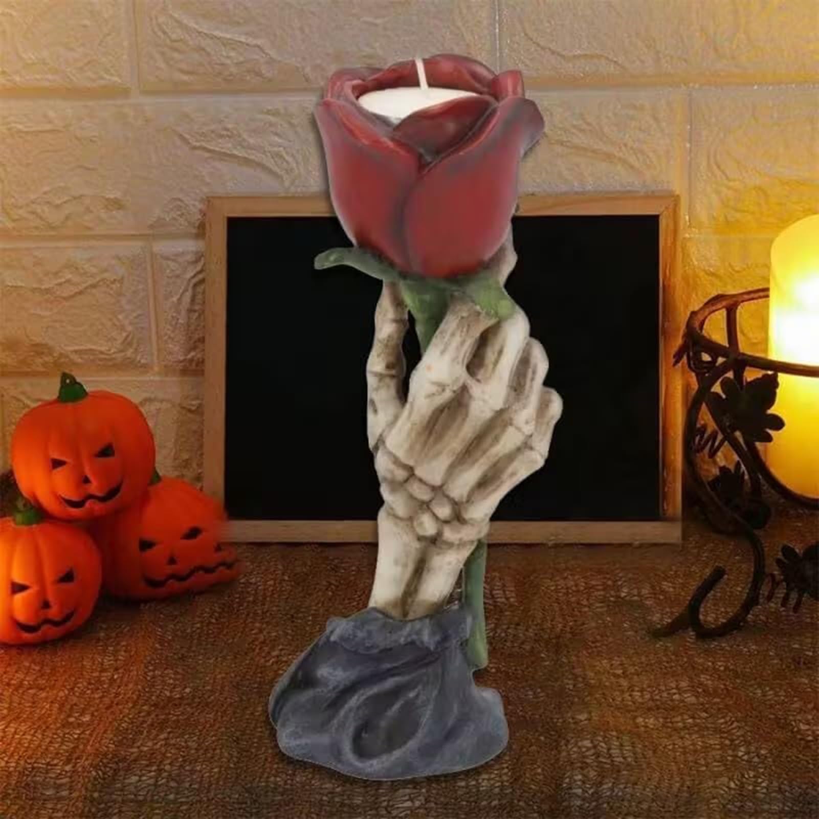 Candle Holder - Resin Candle Holders, Aromatherapy Candle Holders Ornaments, Gothic Candle Holder - With Rose & Bone Accents, Spooky Decor For Haunted House Parties