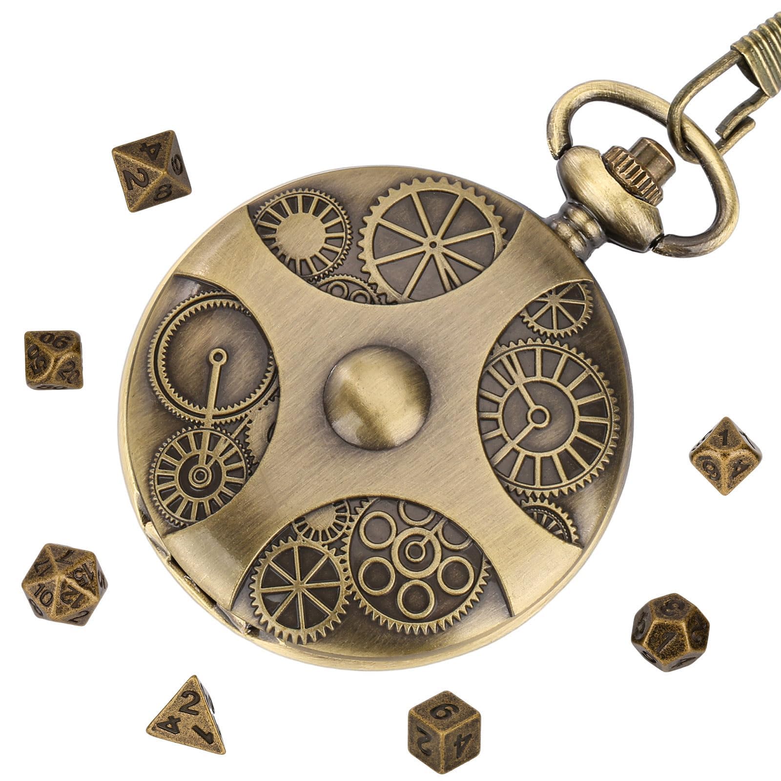 JRYGAC 7 Piezas Mini Juego de Dados DND, Dados de rol Dungeons and Dragons con Funda de Bronce Steampunk Gear Reloj de Bolsillo, Juego de Dados de Metal DND con Cadena Metálica (Color Bronce)