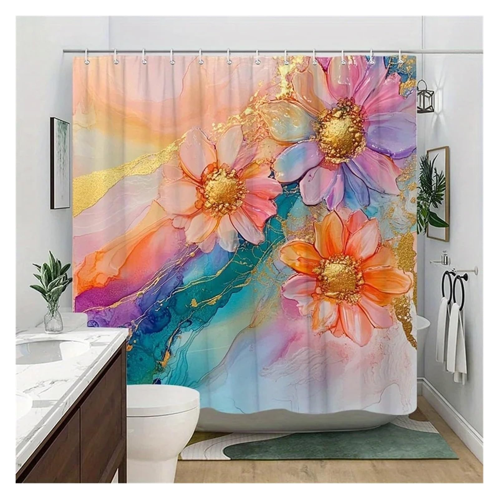 Cortina de Ducha Acuarela Floral Vibrante con Detalles Dorados, Flores Rosas, Naranjas y moradas sobre Fondo Pastel Suave (1 Unidad)