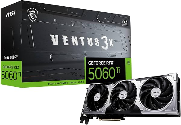 Tarjeta Gráfica MSI GeForce RTX 5060 Ti 16G VENTUS 3X OC - GPU RTX 5060 Ti, 16GB GDDR7 (28Gbps/128-bit), PCIe 5.0 - Diseño Térmico Triple Ventilador (3 x TORX FAN 5.0) - HDMI 2.1b, DisplayPort 2.1b