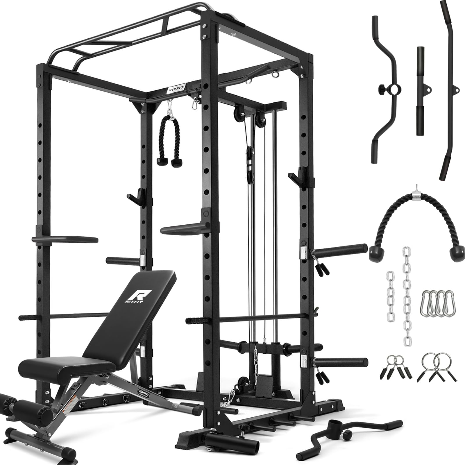 RitFit All-in-One Squat Rack for Home Gym, PPC02C Multi-Function 1000 LBS Capacity Power Cage with LAT Pulldown, Pulley System, Dip Bar, Landmine & More Power Rack Attachments, Package