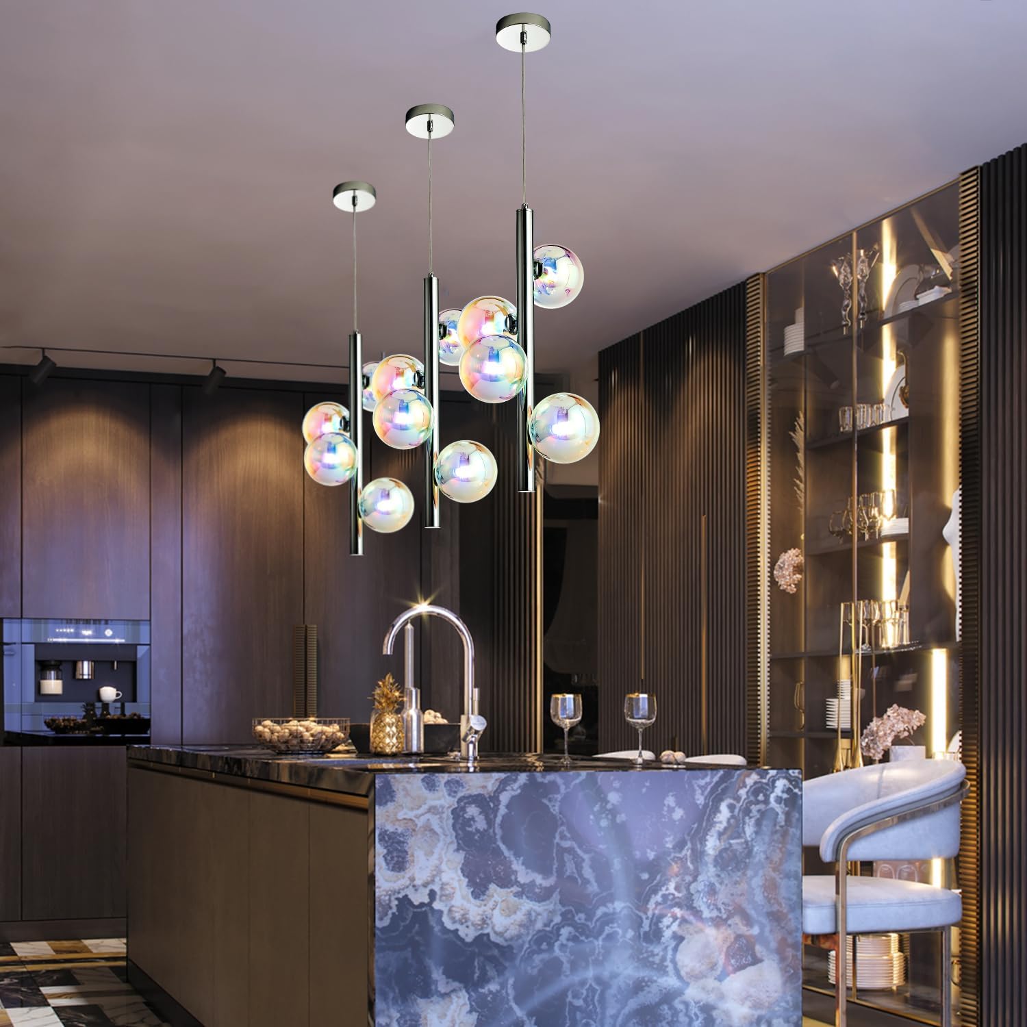 Modern Sputnik Chandelier 4 Lights Chrome,Colorful Glass Sphere Pendant Lighting for Bedroom Kitchen Dining Room (Bulbs Included)