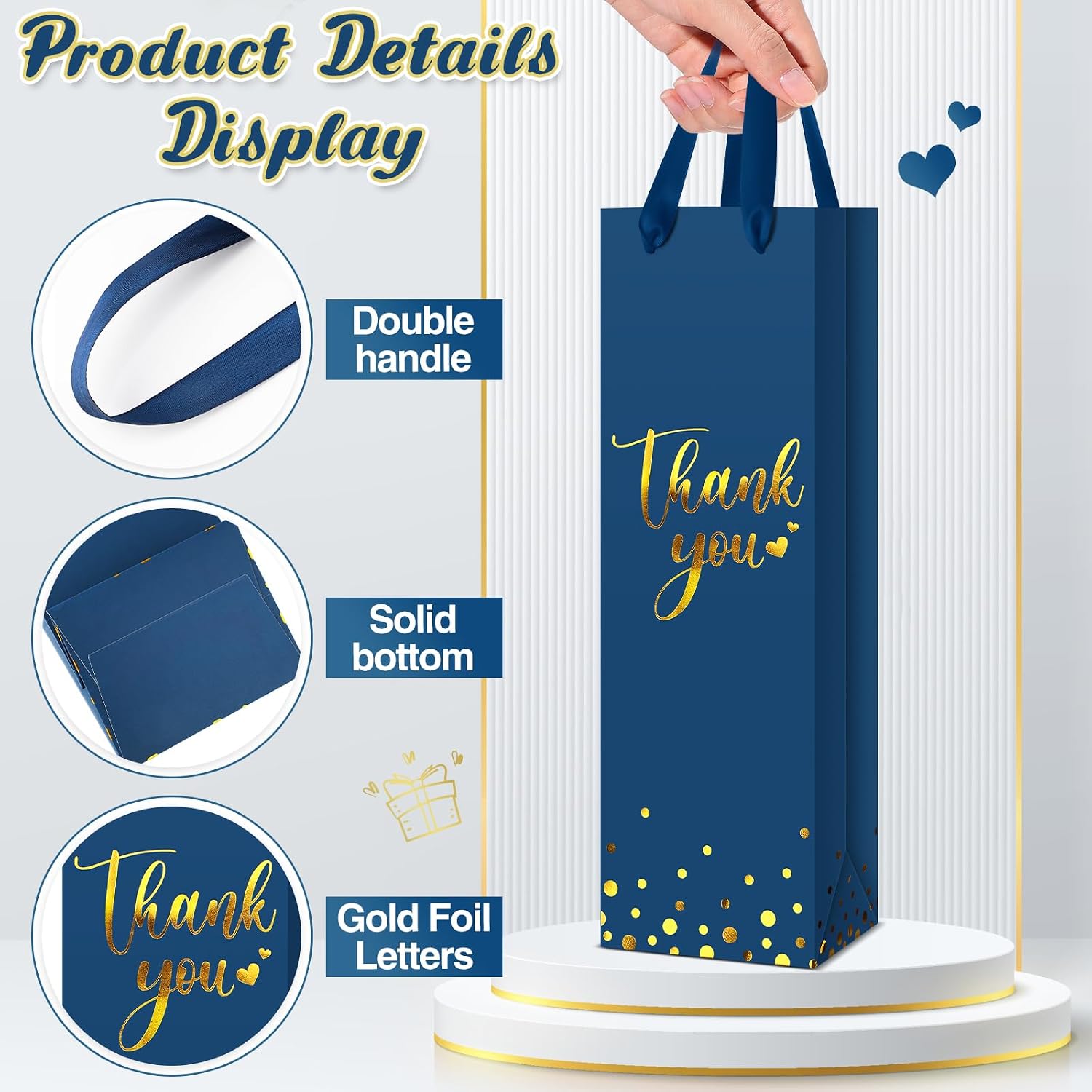 Ctosree 30 Pcs Wine Bottle Gift Bag with Handle 4.3x3.5x13.7 Liquor Paper Bag for Thank You Favor Gold Foil Kraft Whiskey Tote Carrier for Graduation Party Wedding Birthday(Business Blue)