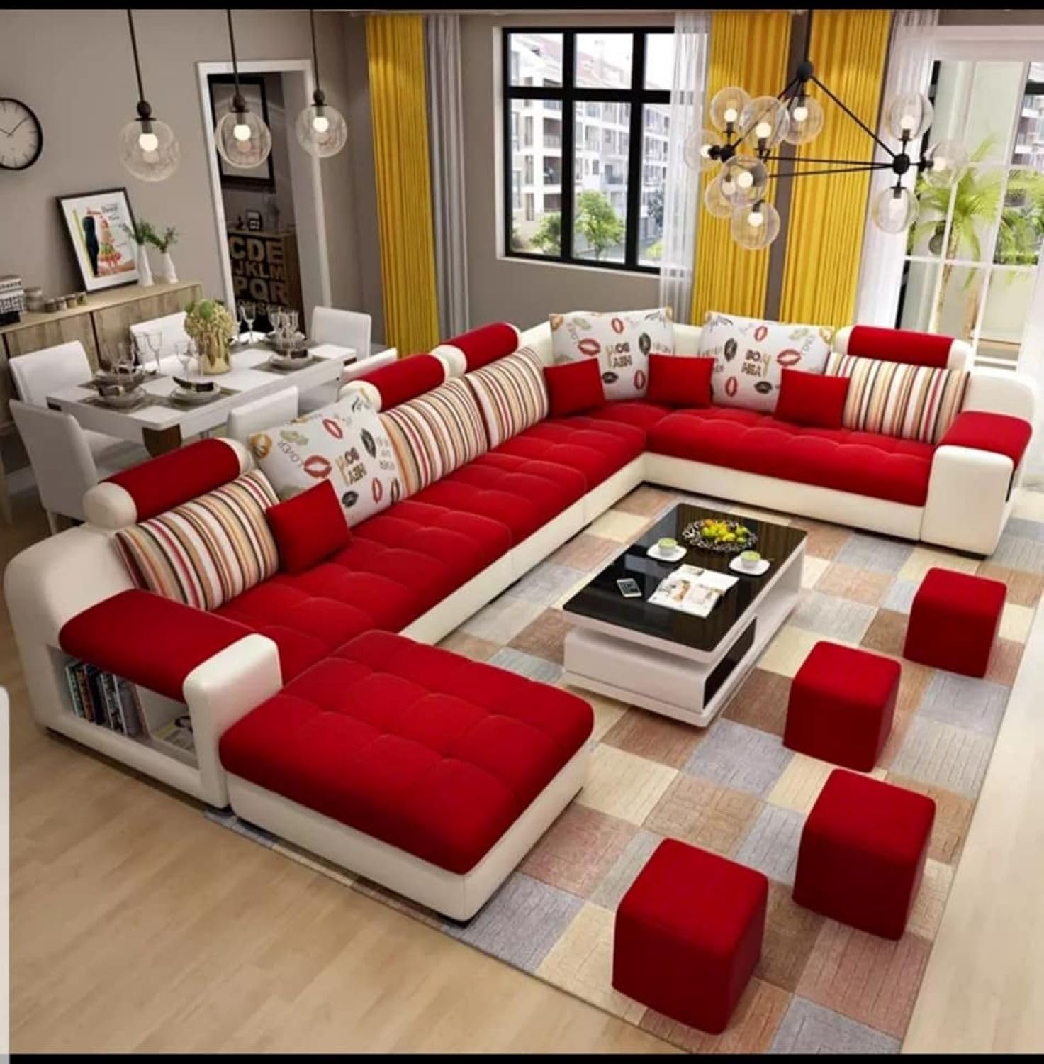 Torque Callister 12 Seater Sofa Set for Living Room (Red) | Interchangeable U Shape Sectional Sofa | Solid Wood Frame & High-Density Supersoft Foam | Includes Puffy & Stool | Modern Home Furniture