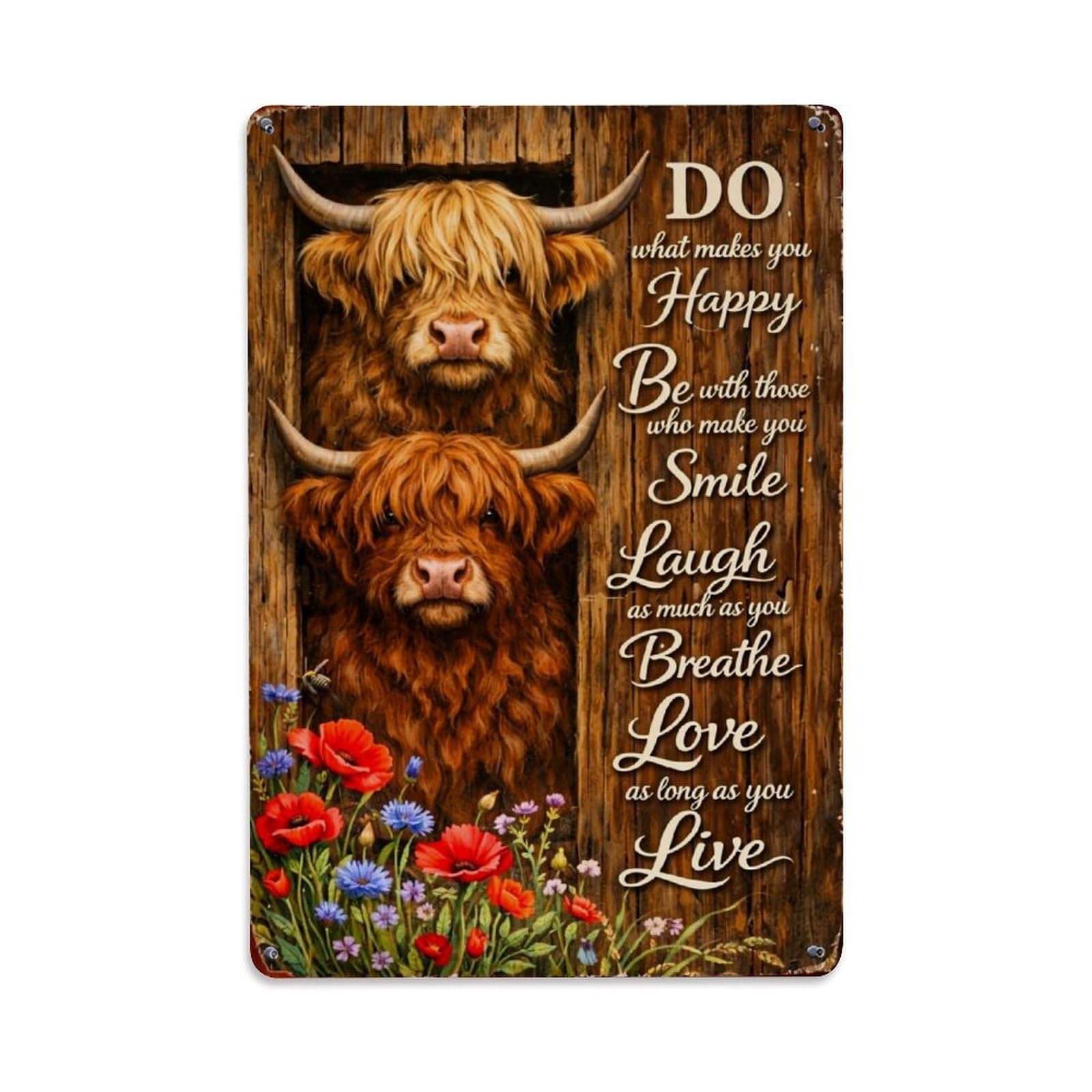 Jdfenggu Vintage Highland Cows Flowers Wood Sign Retro Metal Tin Sign, Decor Art Poster For Bar, Home, Man Cave, Kitchen, Laundry Room Gift 8X12inch