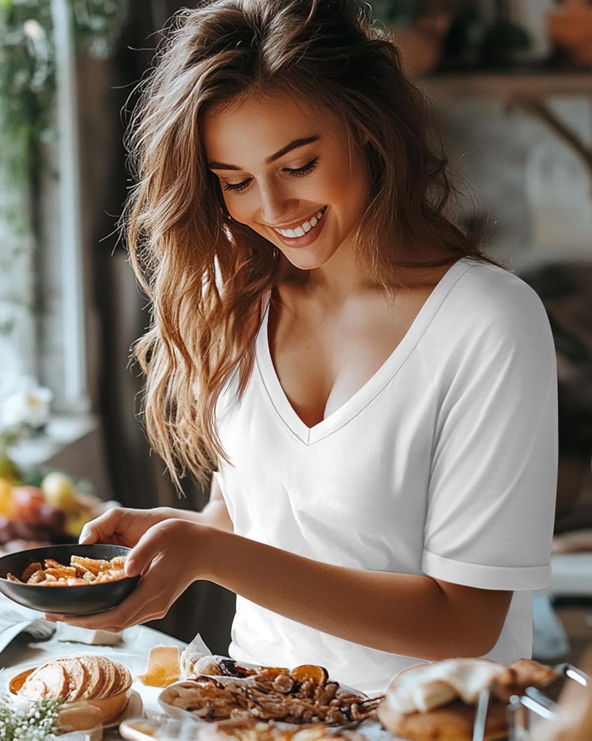 Huukeay 3 Pack Women's Oversized T Shirts, V Neck Loose Fit Rolled Sleeves Tops Shirts Summer Half Sleeves Tee - Image 2