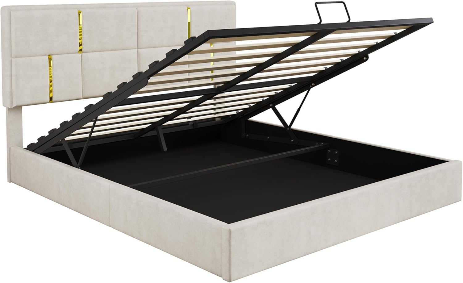 2-Pieces Bedroom Sets, Queen Size PU Upholstered Platform Bed with Hydraulic Storage Ottoman, Wood Platform Bed Frame with Metal Legs Storage Ottoman for Kids Teens Adults Bedroom, Beige