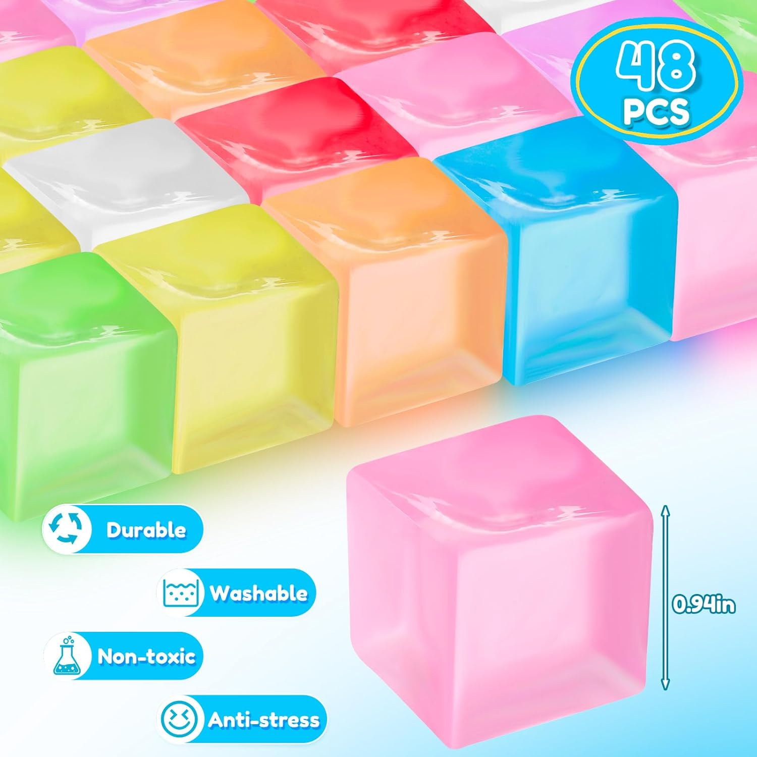 48 pcs mini ice cube stress balls bulk fidget squeeze square ball stress relief sensory playthings ice cube for adults birthday valentines gifts party favor prize bags box filling, 8 colors