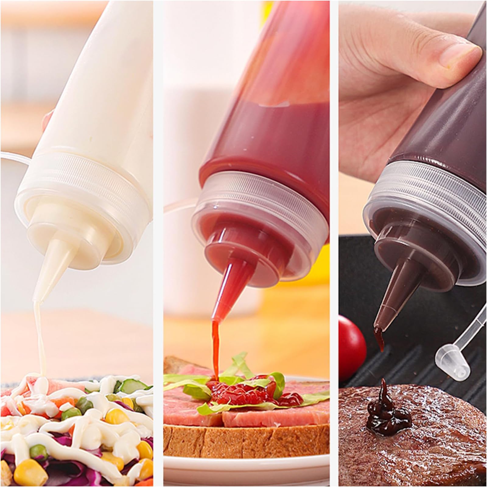 Butelka do wyciskania 360 ml, 4 butelki do wyciskania, butelki na sos z nakrętkami i lejkiem, butelka dozująca do ketchupu, gorących sosów, grilla, sosów sałatkowych, malowania, oliwy z oliwek
