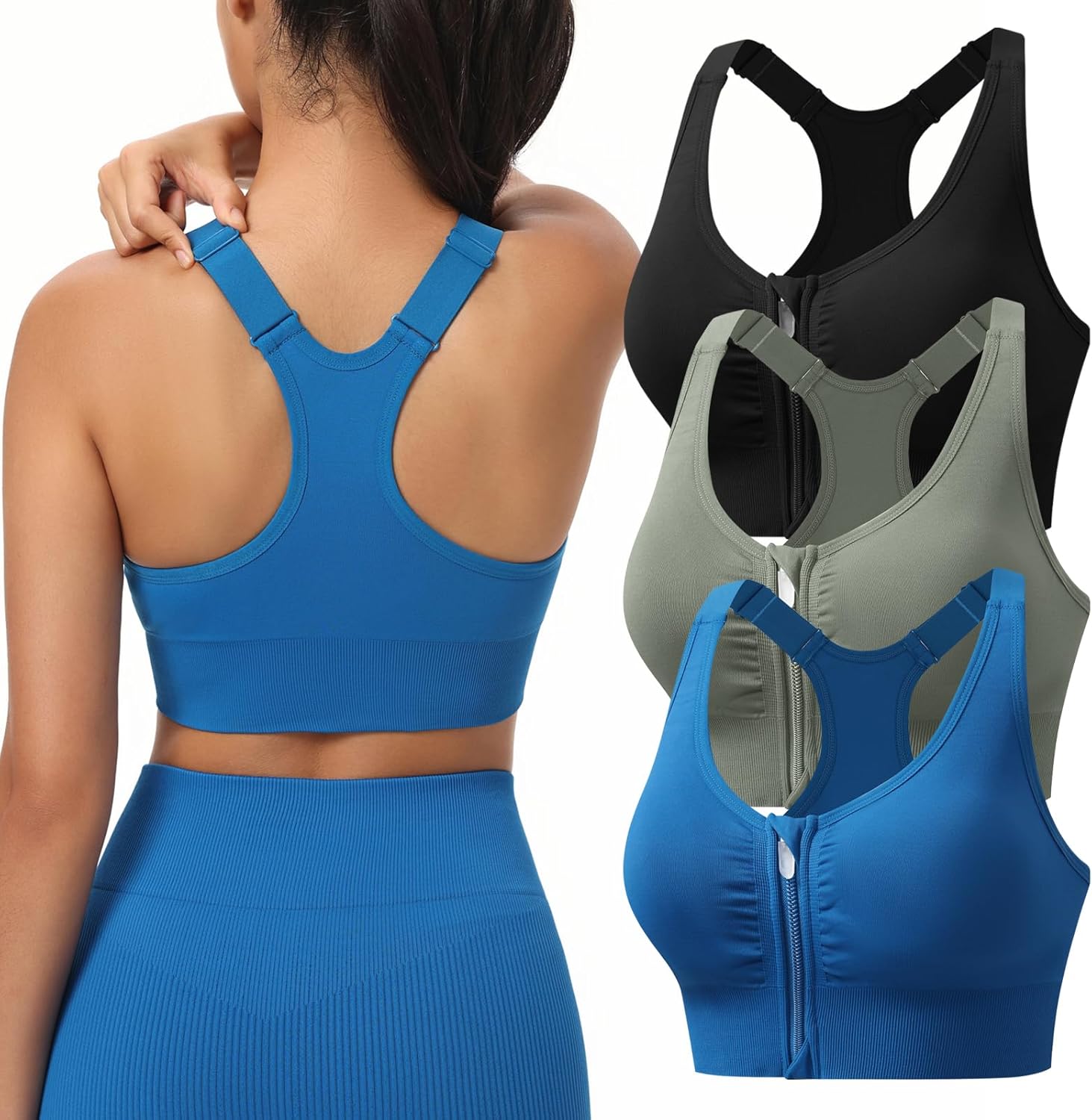 Zip Front Sports Bras for Women Adjustable Racerback Medium Support Bras Padded Post-Surgery Bras Seamless Yoga Athletic Bra