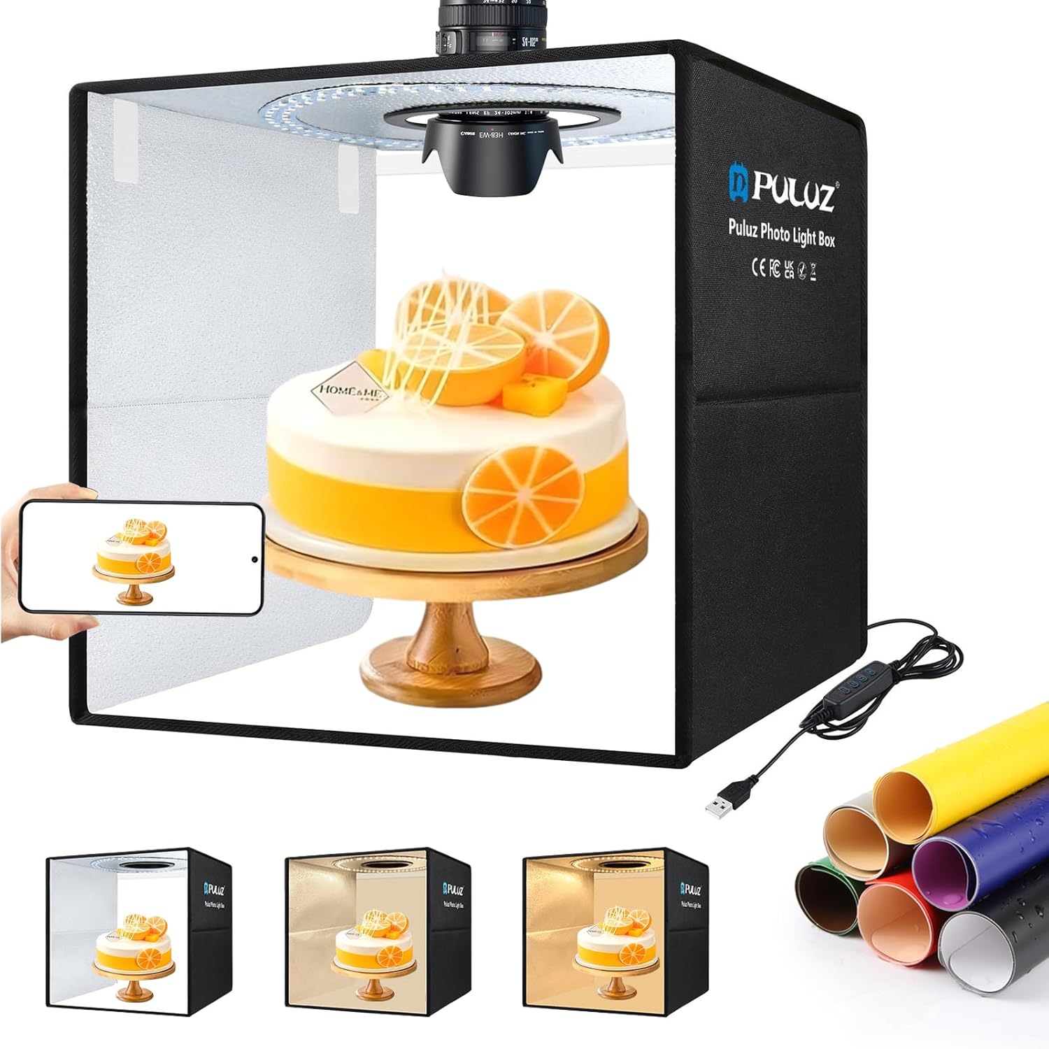 PULUZ 16x16 Inch High CRI≥95 Dimmable Light Box, 144 LED Photo Studio Lighting Kit with 6 Backdrops, Portable Shooting Tent for Product Photography