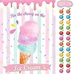 WERNNSAI Pin The Cherry on The Ice Cream Game -Birthday Party Games Ice Cream Party Decorations 28\'\' x 21\'\' Poster with 24 PCS Cherry Stickers for Kids Girls Birthday Carnival Supplies