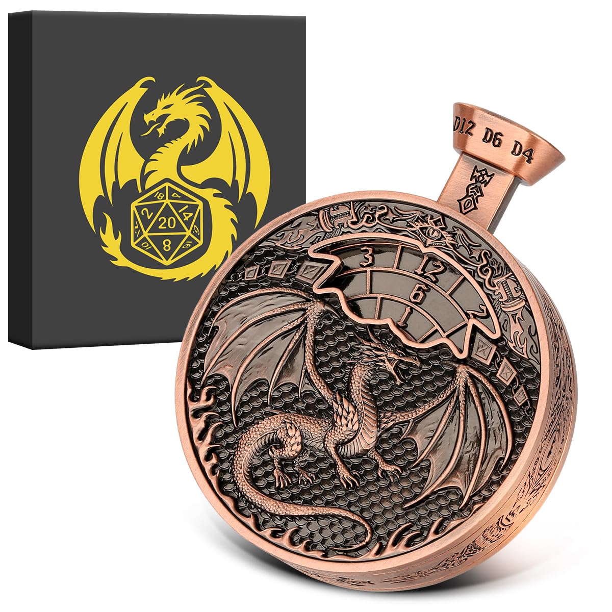 DND Fingertip Spinner Dice, Dragon and Cthulhu Pattern, Snap Type Dice Rotator, for DND Gifts with Dragon Logo Gift Box, Role Playing Board Game Accessories, Red Copper