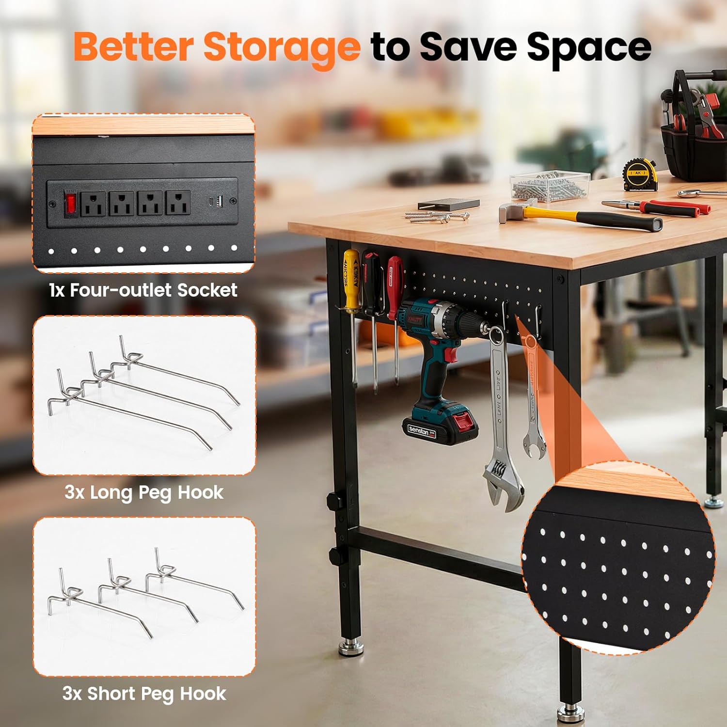 48" Adjustable Heavy Duty Workbench - 2000LBS Load Capacity Wood Work Table with Power Strip, Pegboard with 6 Hooks - Ideal Workbench for Garage, Workshop, Office, Home, Commercial Use