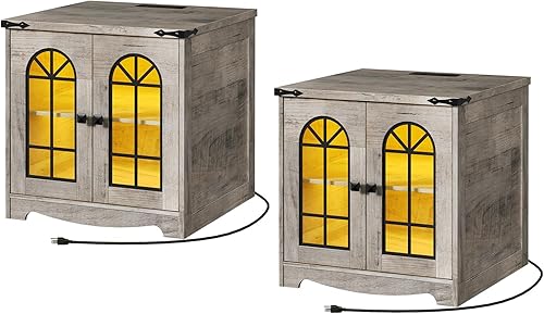 HOOBRO Juego de 2 mesas auxiliares de granja, mesas auxiliares cuadradas grandes con estación de carga y luces LED, mesa auxiliar grande para sala