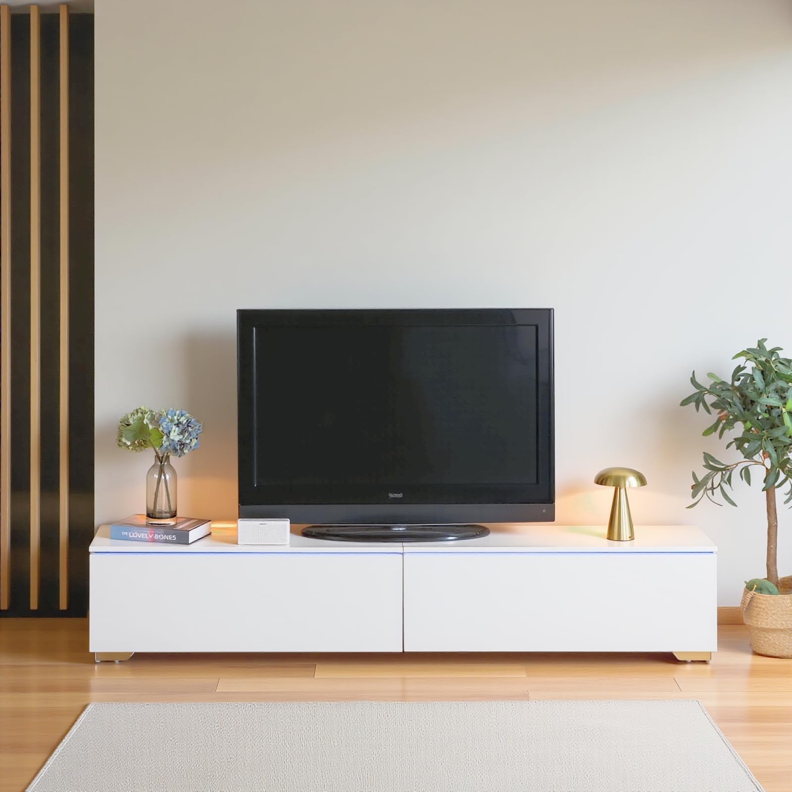 Mueble de TV Moderno Con Iluminación LED, Colgante o de Pie, 180 cm de Longitud, Madera Blanca Con Almacenamiento, Para Pared o Suspendido