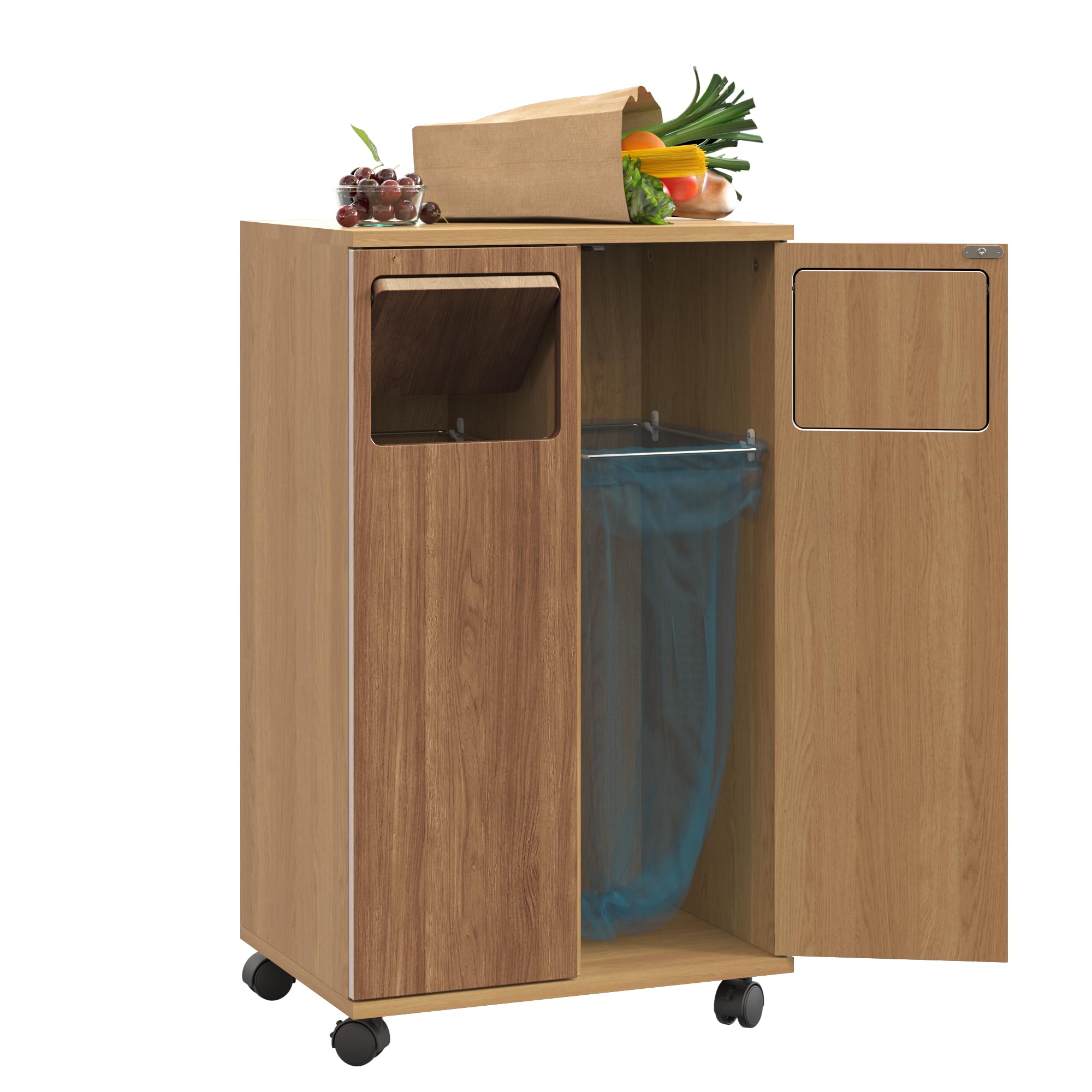 Mülleimer Schrank Küche, Mülleimer mit Rollen, Küchenschrank mit Mülltrennsystem, Mülltrennsystem 2 fach, Univeralschrank in Hellholz-Optik, Recyclingschrank (Naturholzfarbe, 46,7x35x80cm)