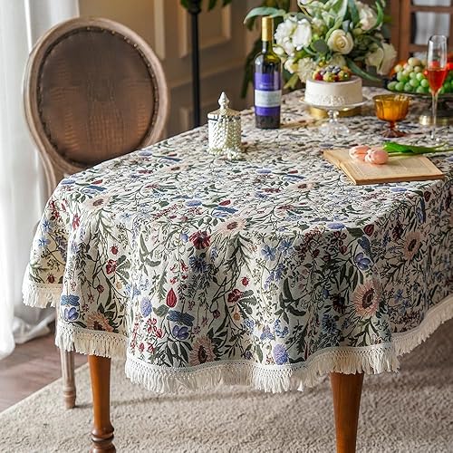 Miniatura 7 de SUTAVIA Mantel bohemio de lino de algodón con borlas, color negro, floral, beige, con borlas, para mesa de casa de campo, a prueba de polvo, para el
