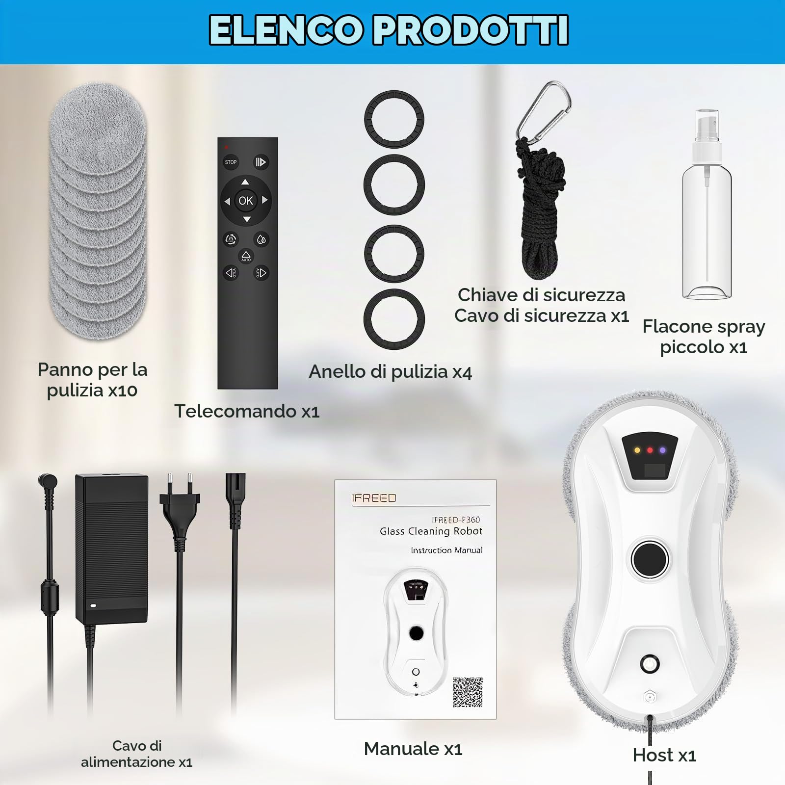 Robot per la pulizia delle finestre, 5600 Pa, con funzione automatica a doppio spruzzo, 3 modalità di pulizia, sistema di rilevamento dei bordi, telecomando, sistema di sicurezza, per vetro