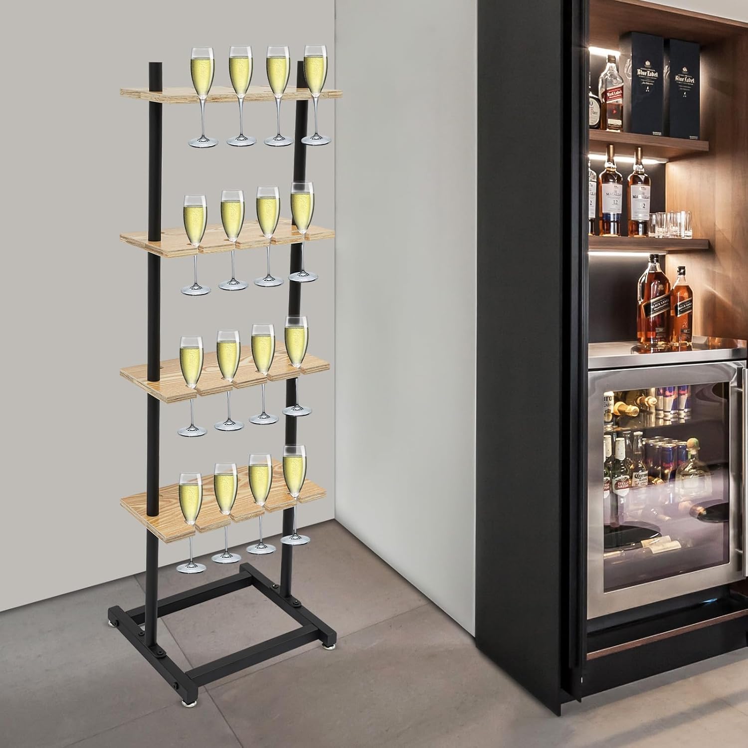 Champagne Glass Holder, 4 Tiers Champagne Rack 32 Champagne Glass Stemware Rack 44.09 Lbs Capacity Wine Glasses Stand Wood Champagne Wall Stand for Wedding, Birthday, Party, Bars