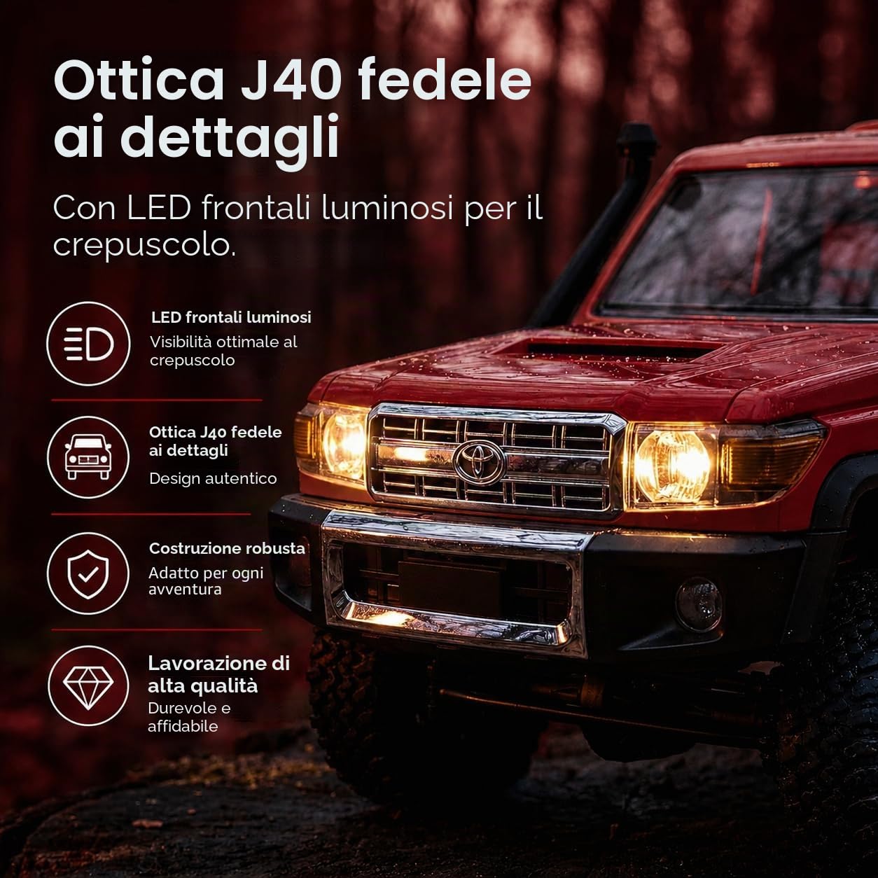 Toyota Land Cruiser | Auto RC telecomandato 1:12 | 4WD Crawler Pickup | Controllo 2,4 GHz 100 m | Luce LED | Li-Ion 7,4 V 500 mAh 30 min | Set completo RTR Offroad (Rosso)