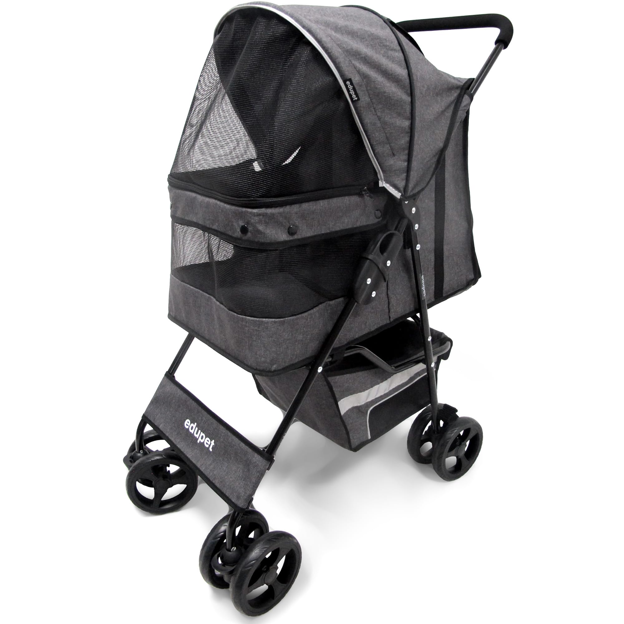 Edupet: Pet Stroller: Grey & Black - 33 lb Capacity - Includes Storage Basket, Transport Dogs & Cats, Pets, Foldable Design, 4 Swivel Wheels