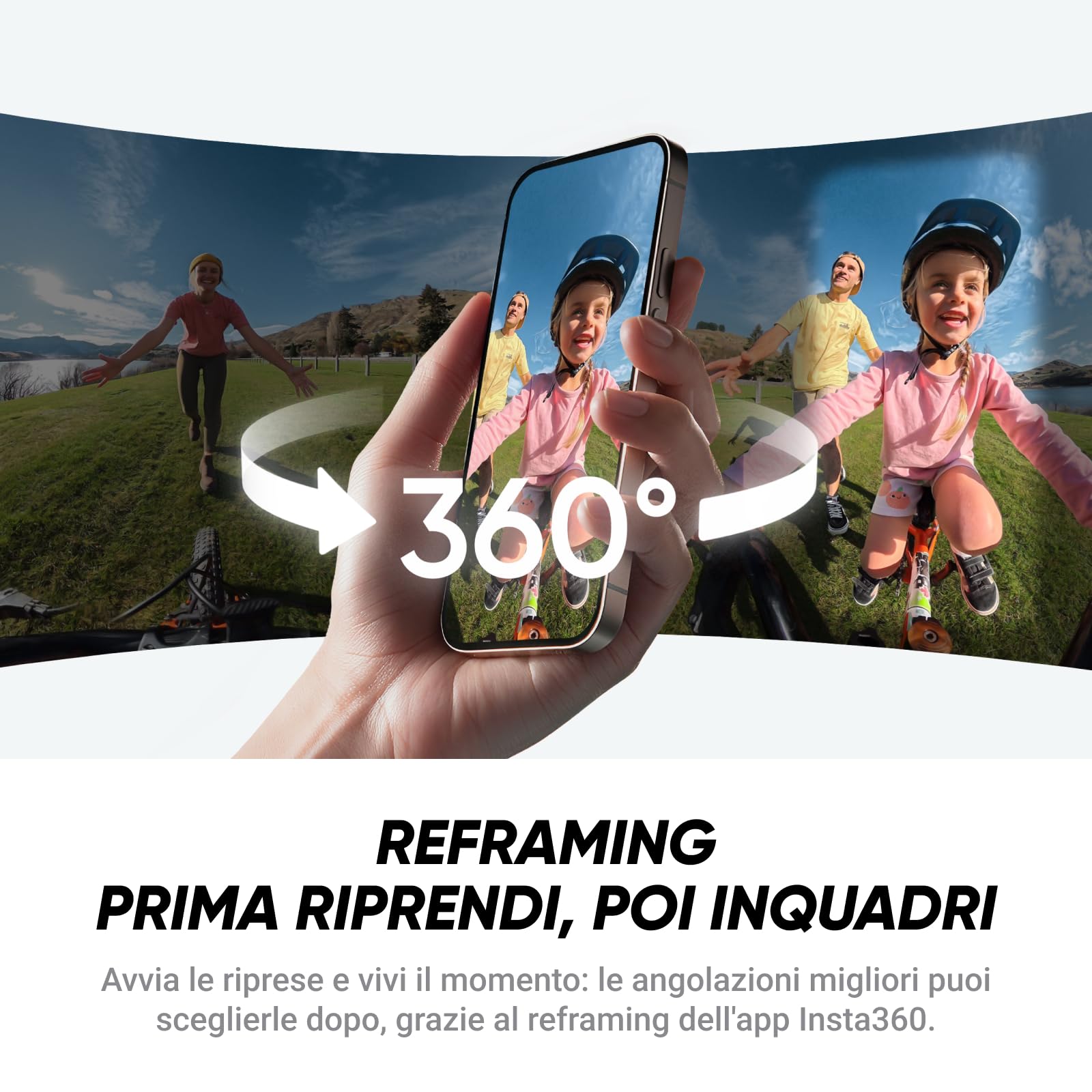 Insta360 X4 Air Pack Starter Nero grafite- Videocamera leggera 165g 8K 360, selfie stick invisibile, lenti sostituibili, prima registri poi inquadri, cover antivento integrata.