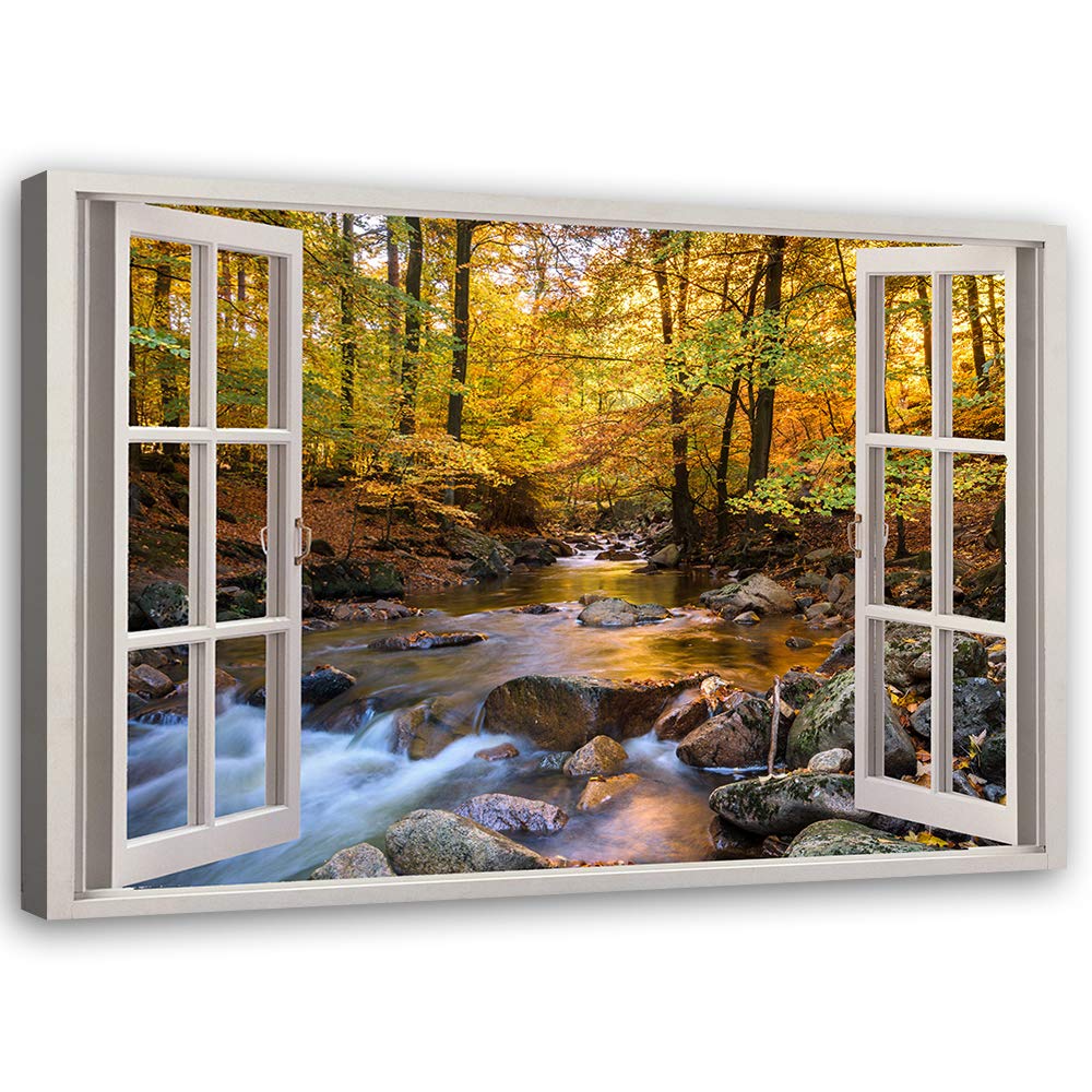Feeby Cuadro en Lienzo 3D Ventana 90x60 cm 1 Pieza Modernos Impresión Artística Calidad Fotografica Imagen Decoración de Pared Salon Dormitorio Cocina Oficina Pasillo río Marrón