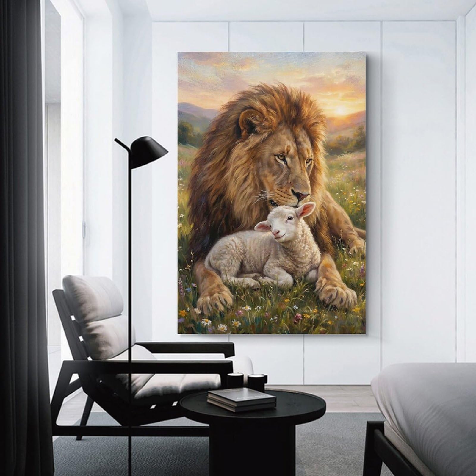 Junmoney Unframe-Style-24 Decorative Wall Artwork Lion And Lamb In A Field, 24X36inch(60X90cm), For Sofa Walls, Lounge Or Home Corners, Modern Wall Decor For Cosy Interiors