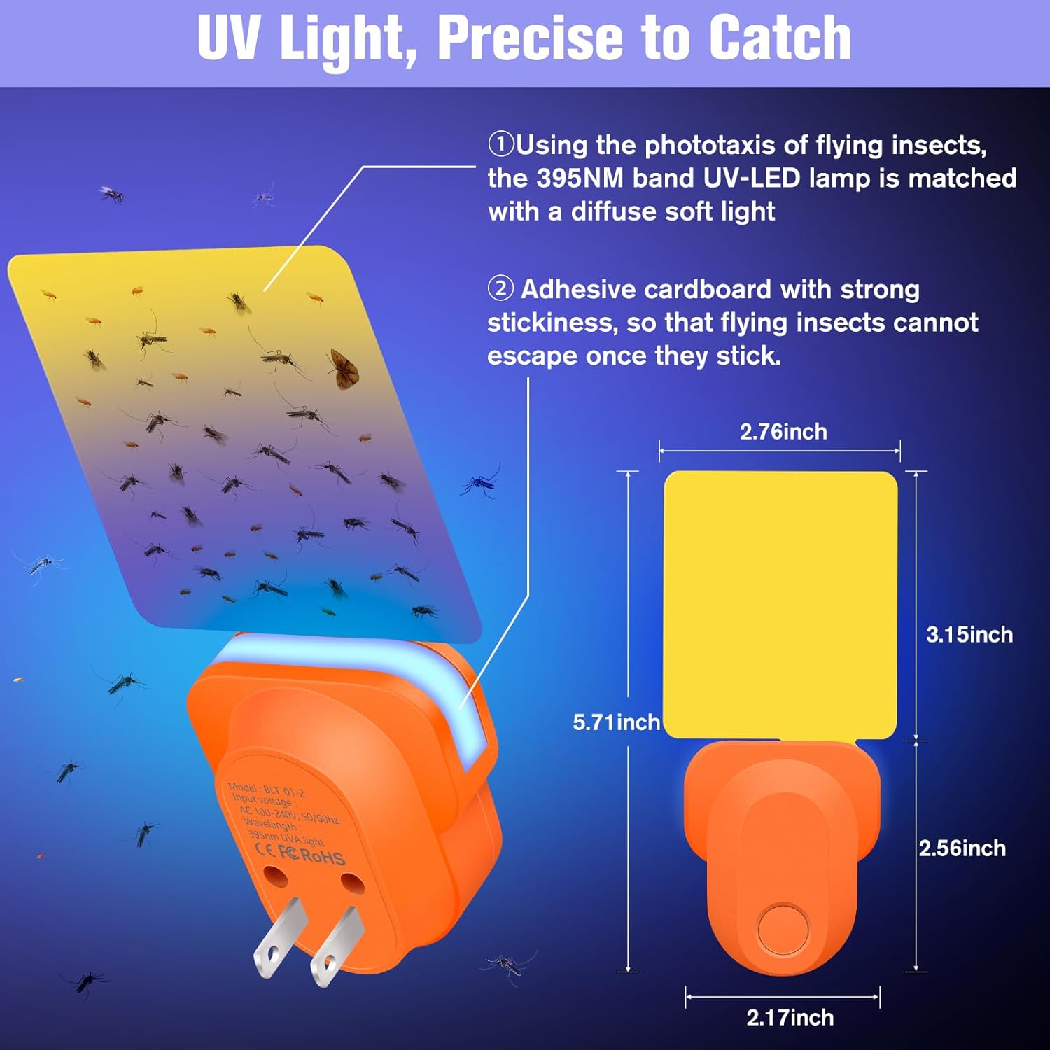 Flying Insect Trap Plug-in, Indoor Mosquito & Gnat Killer, Safe Non-Toxic UV Light Fly Catcher, Night Light Bug Trap with Sticky Pad for Flies, Gnats, Moths (1 Pack, Bright Orange)