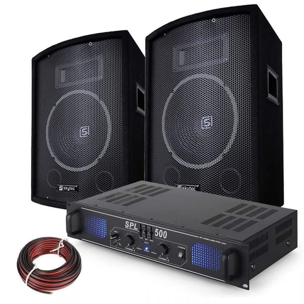 SkyTec - DJ Lautsprecher Set, Mobile PA Anlage Komplettset, 500 Watt, DJ Set Komplett, 2X Vonyx SL10 Lautsprecher 8Ohm,10 Zoll, 1x SkyTex SPL-500EG PA Verstärker, PA System, DJ Anlage für Beginner