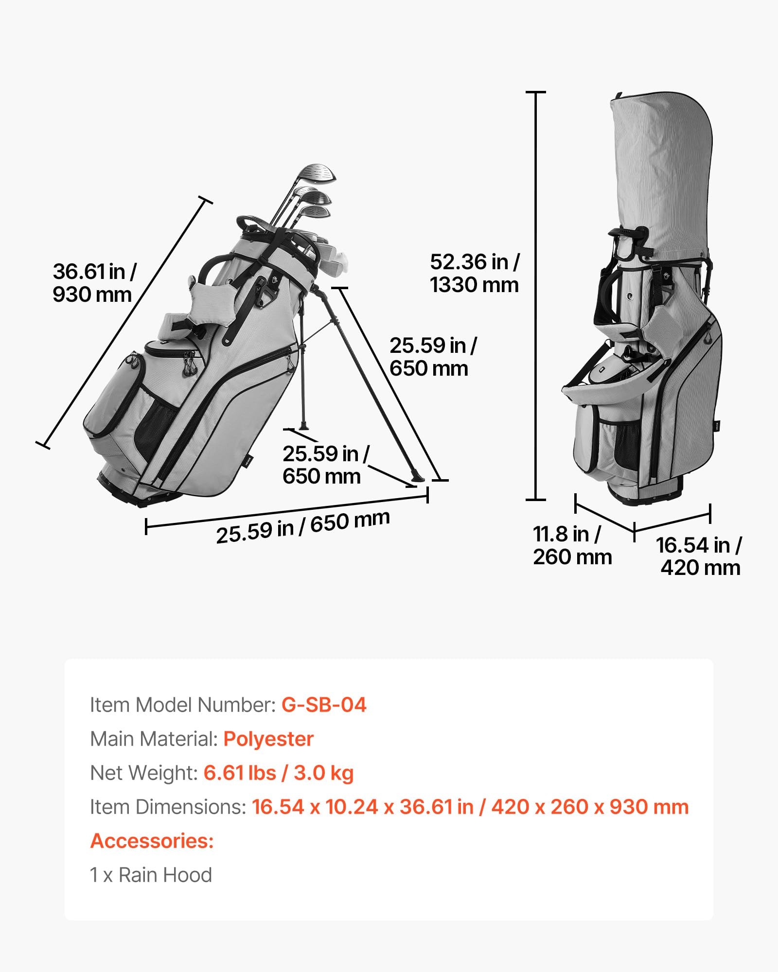 VEVOR Borsa da Golf Portaoggetti Mazze, Borsa da Golf con Supporto da Pavimento Tracolla Doppia Copertura Antipioggia, Materiale in Poliestere Rivestimento Interno in PU 210D 420 x 260 x 930 mm