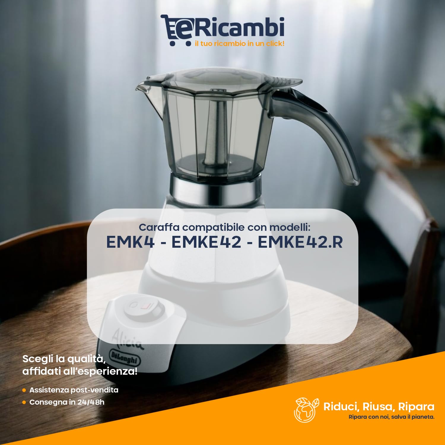 eRicambi, Caraffa Serbatoio Completo per 4 Tazze Compatibile Con Macchina da caffè DeLonghi serie ALICIA, modelli EMK4, EMKE42, EMKE42.R – Ricambio originale di alta qualità
