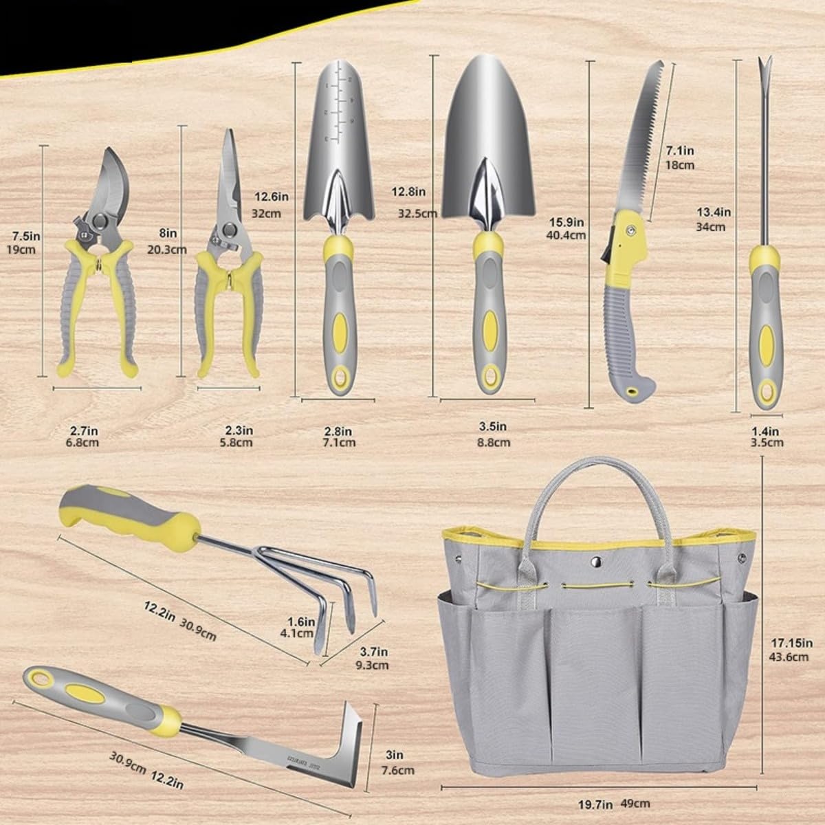 Set di attrezzi da giardino, 10 pezzi, giallo, in acciaio inox, con manici in TPR, guanti antiscivolo e pratica custodia, per uomo e donna