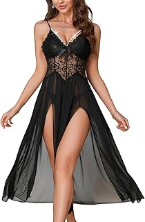 Nuisette Longue Babydoll Dentelle Transparente Lingerie Dos Nu Sexy Femme Chemise de Nuit Col V Profond SML