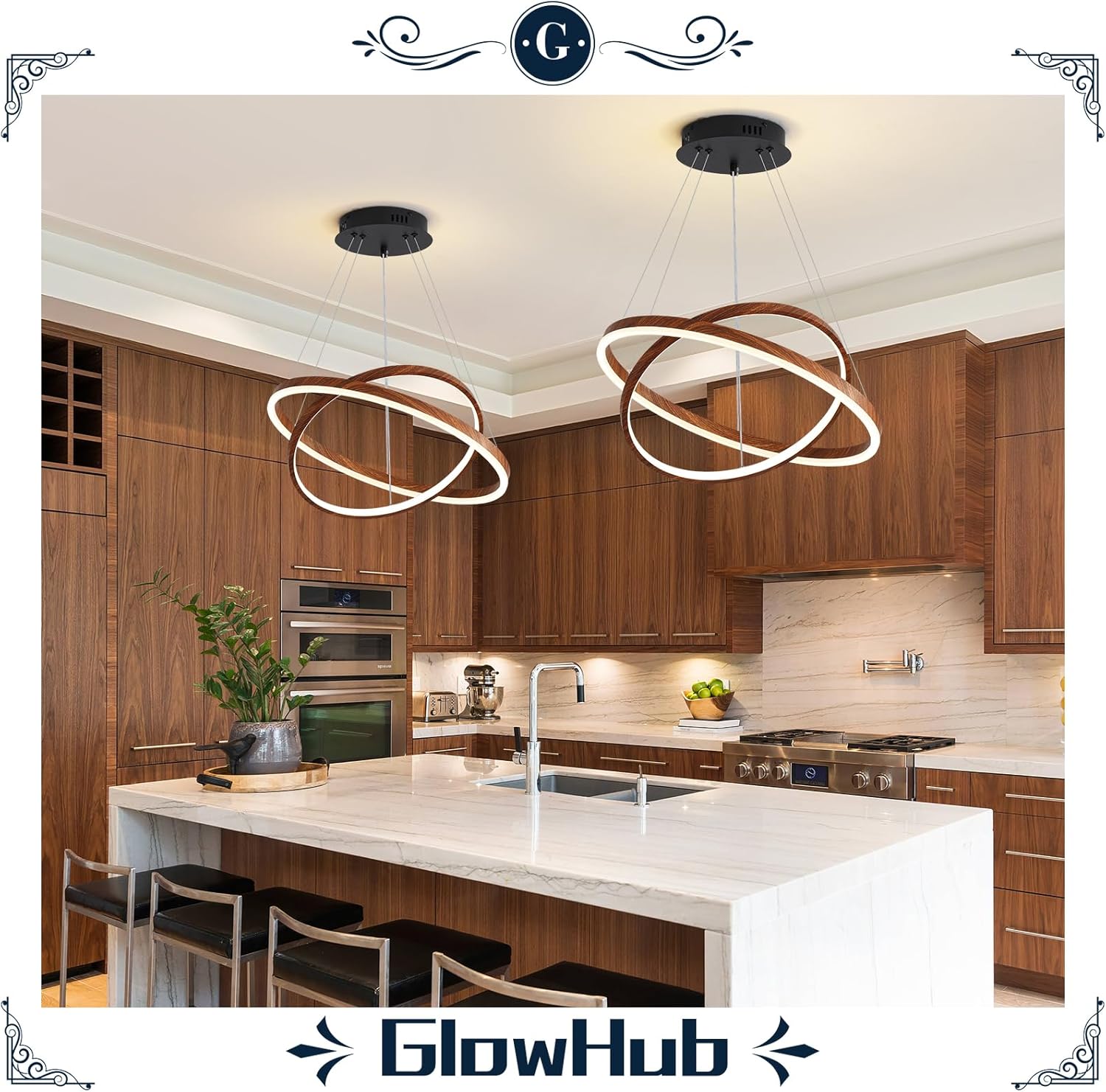 LED Chandelier for Dining Room 2 Ring LED Ceiling Hanging Light Adjustable Dimmable with Remote Modern Farmhouse Circular Wood Painted Round Pendant Light for Entryway, Bedroom, Office