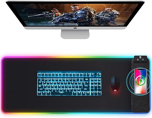 Alfombrilla de mouse para juegos RGB de carga inalámbrica de 10 W, alfombrilla de escritorio LED de 31.49 x 11.81 x 0.47 pulgadas, 10 colores