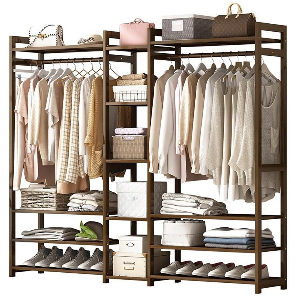 XDLEDMKIZ Bamboo Coat Rack with Storage Shelves and Garment Hanger Freestanding Clothes Stand for Bedroom and Entryway