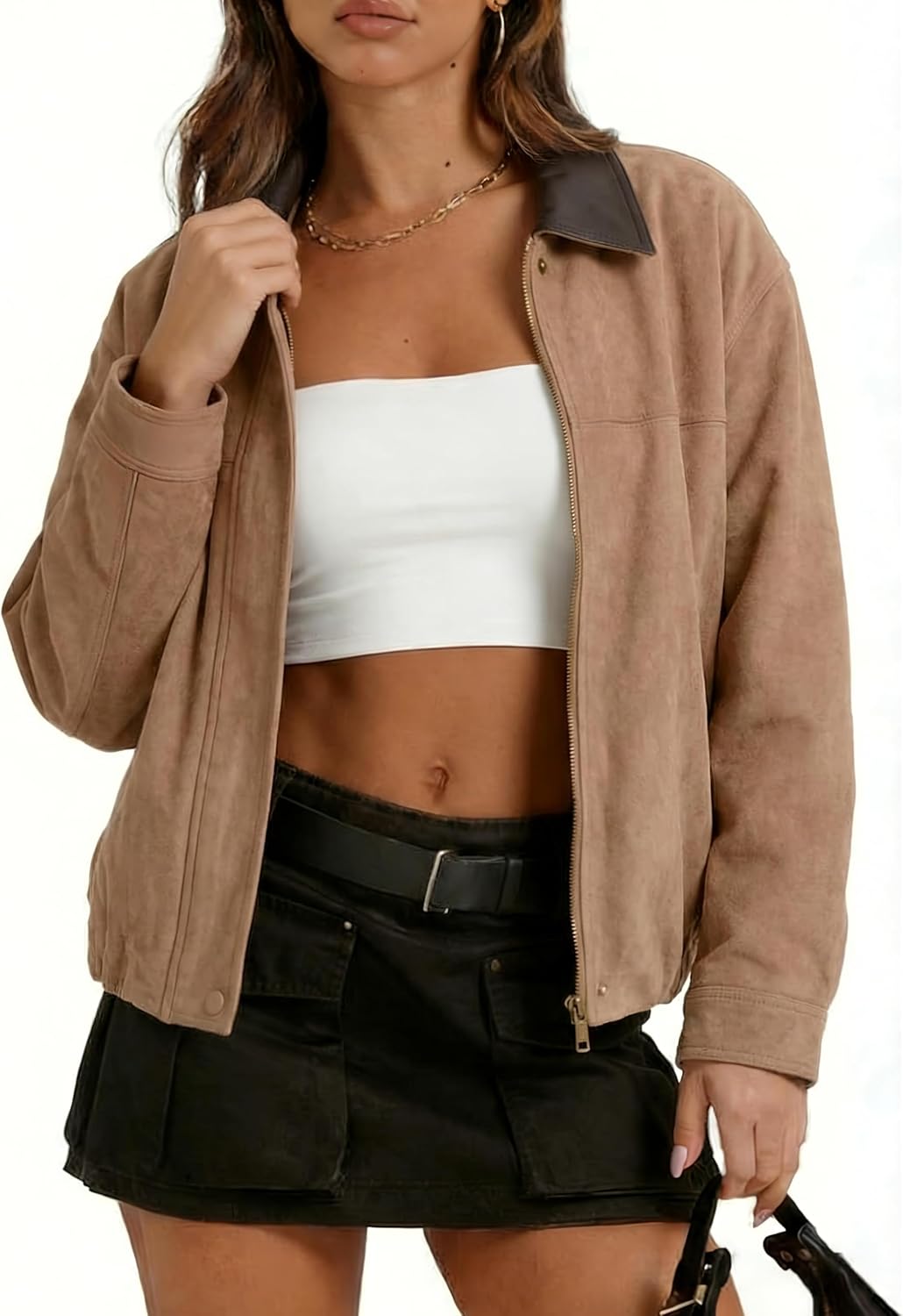 Tanming Womens Faux Suede Leather Jacket Oversized Motorcycle Zip Up Bomber Jacket Pilot Outerwear Coats