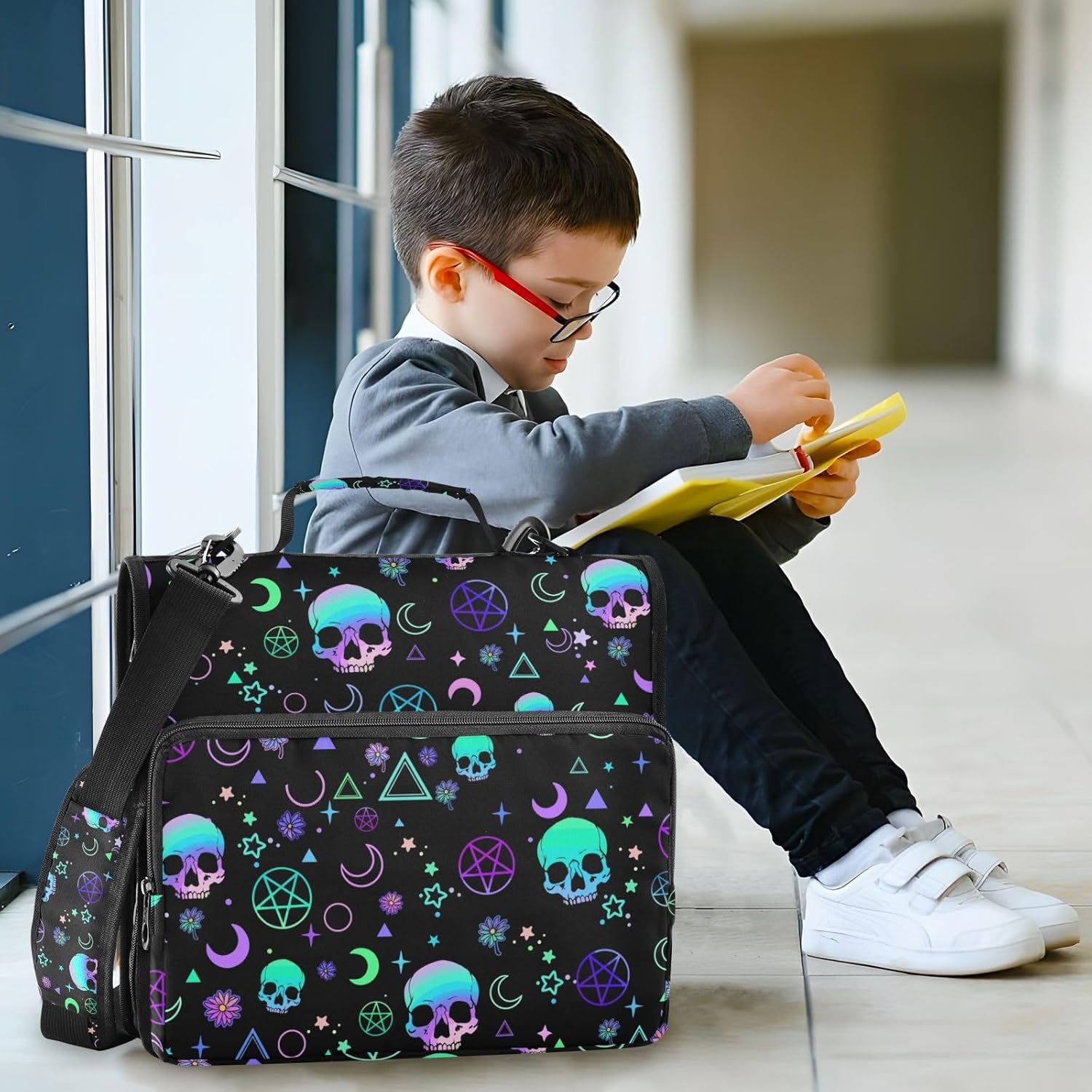 Magic Skull Binder Bag 3 Ring Zipper with Handle Shoulder Strap for School Work Office Organizer Storage Case
