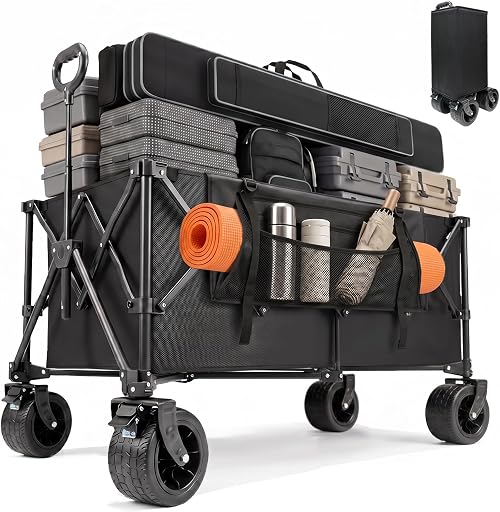 SANYCASA キャリーワゴン 大容量300L アウトドアワゴン 耐荷重250kg【荷室の長さ110cm・コンパクト収納】キャリーカート折りたたみ 10cm大型タイヤ ブレーキ付き キャンプ カートサイドポケット付 長物対応 自立収納 ワンタッチ収束 丈夫スチール製 キャンプ 荷物運び 買い物釣り イベント 引越し ゴミ出し 運動会 子供乗せれる