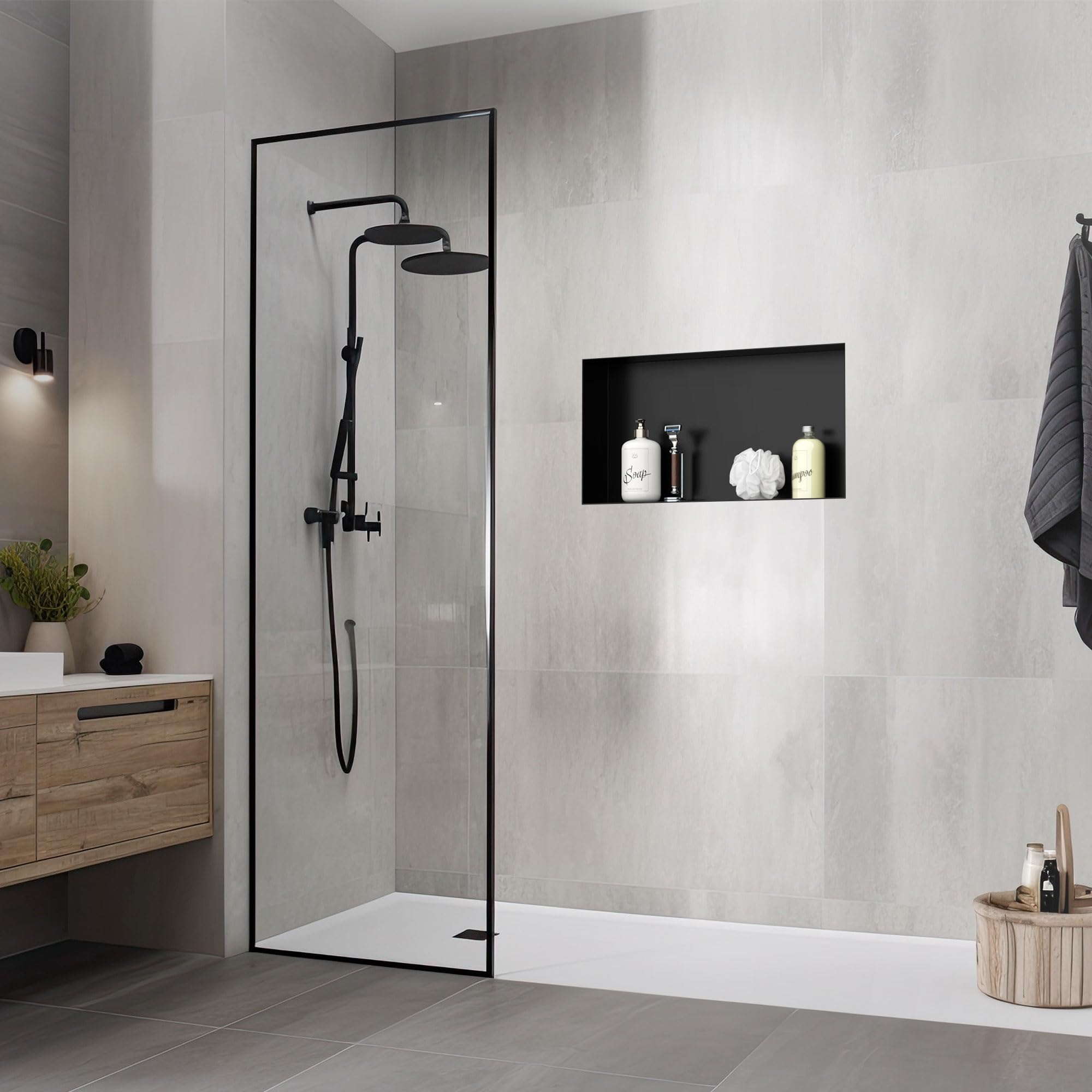 LuxeBath Nicho de Ducha de Acero Inoxidable 60x30x10cm cm Negro Marco de Pared Empotrado Alicatable Estante Integrado Instalación Flexible para Almacenamiento Organizador de Utensilios para Baño