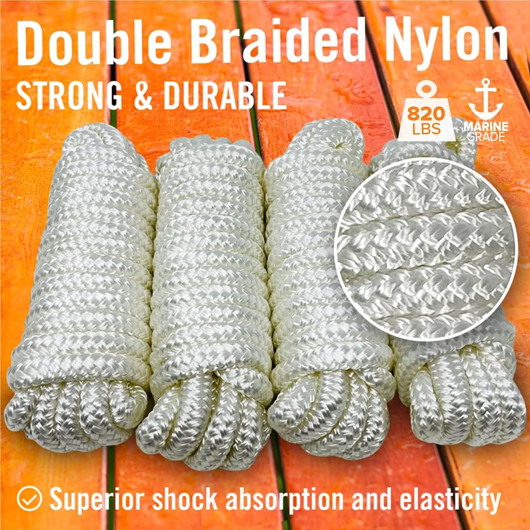 Dock Lines for Boats 3/8" x 15ft, 4 Pack Double Braided Nylon Boat Rope with 12" Loop, Marine Grade Mooring Line for Docking, White - Better Boat