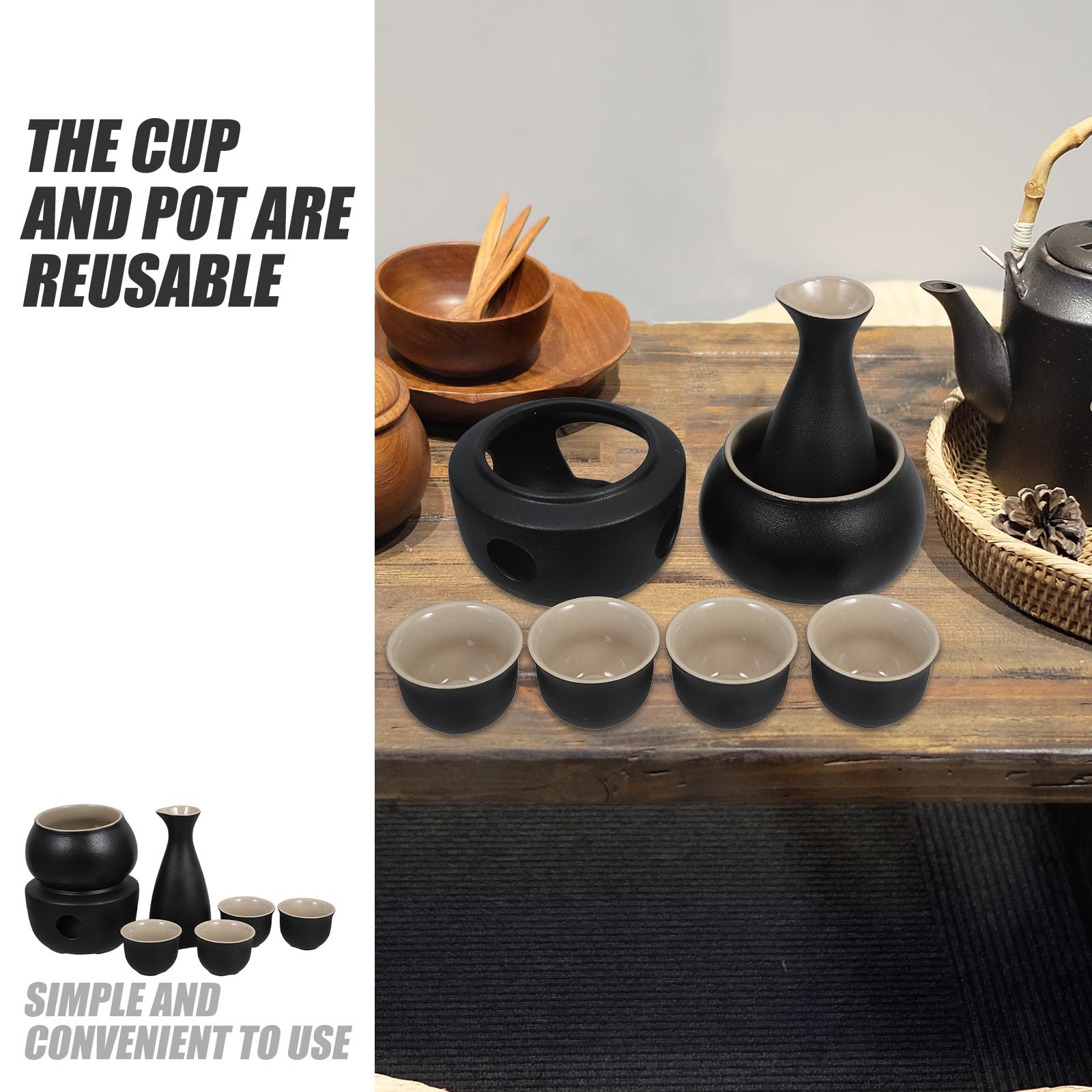 VOSAREA Ensemble de Saké Japonerie Réchauffeur Stable et Facile à Nettoyer en Céramique Noire Tasse 45 ML avec Bouteille Tokkuri 300 ML pour Dégustation Traditionnelle